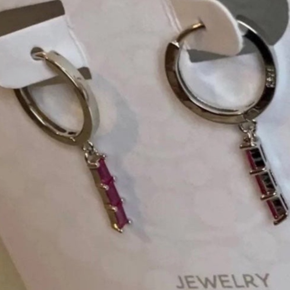 Silver Pink Crystal Princess Dangle Huggie Hoop Earrings - Picture 4 of 4